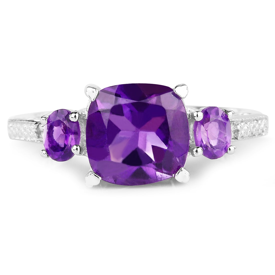 Plated Rhodium 2.37ctw Amethyst and White Topaz Ring: 2.38 Carat Genuine Amethyst & White Topaz.925 Sterling Silver Ring. Amethyst Cushion/8.00mm - 1/2.05 ctw Natural Not Treated E + Amethyst Oval/4x3mm - 2/0.32 ctw Natural Not Treated E + White Topaz Ro