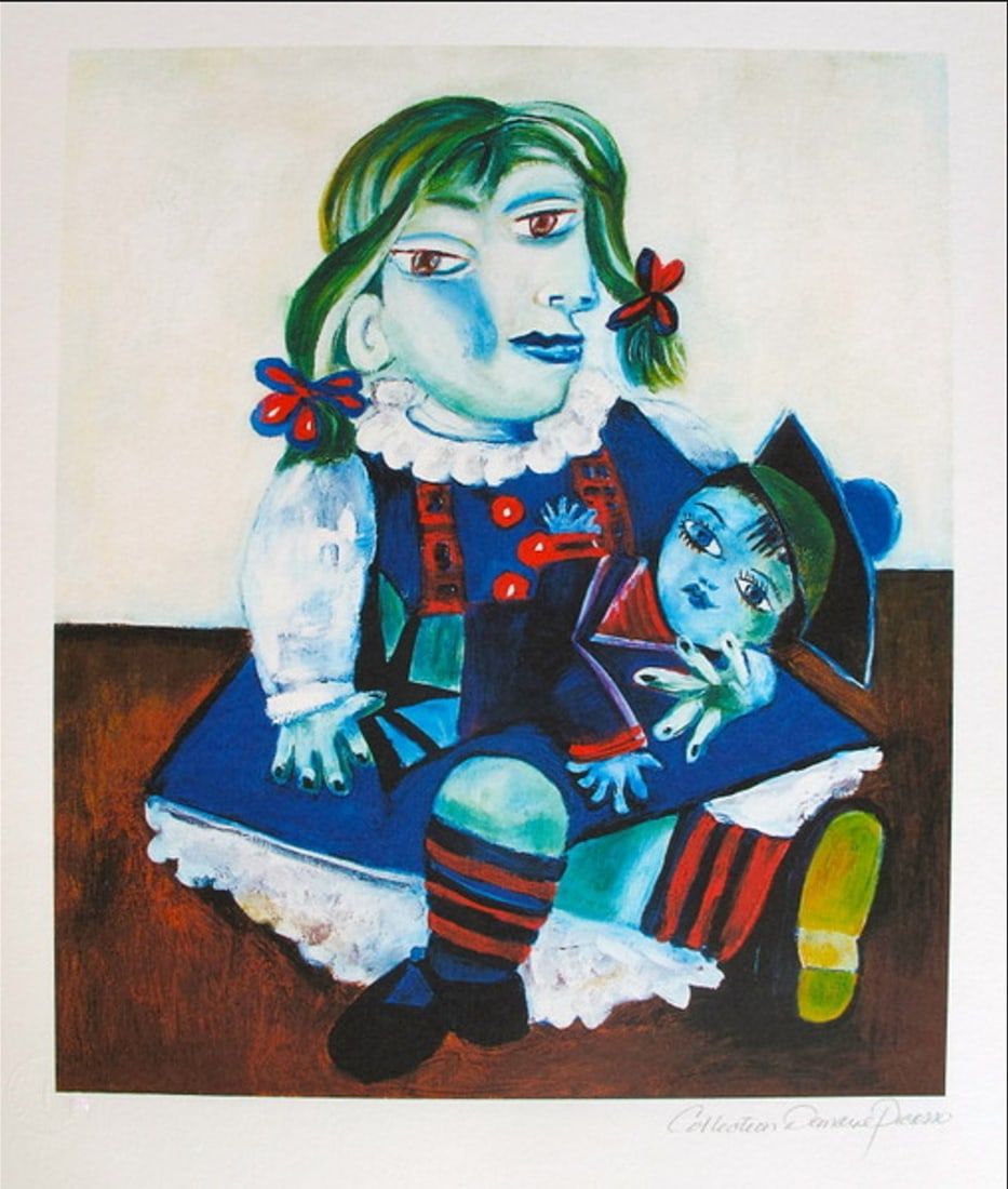 Pablo Picasso Maya With Doll: PABLO PICASSO (ESTATE COLLECTION DOMAINE) (1881-1973) small giclee titled “MAYA WITH DOLL”. This piece is pencil signed on the lower right as ‘Collection Domaine Picasso’ and has an emboss