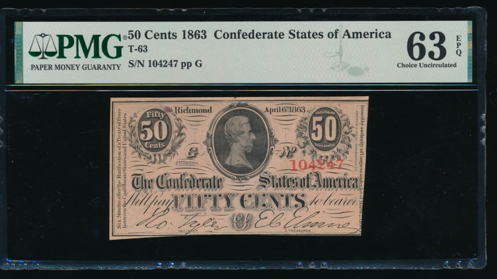 50 Cent 1863 T-63 Confederate PMG 63EPQ: One 50 Cent 1863 T-63 Confederate PMG 63EPQ.