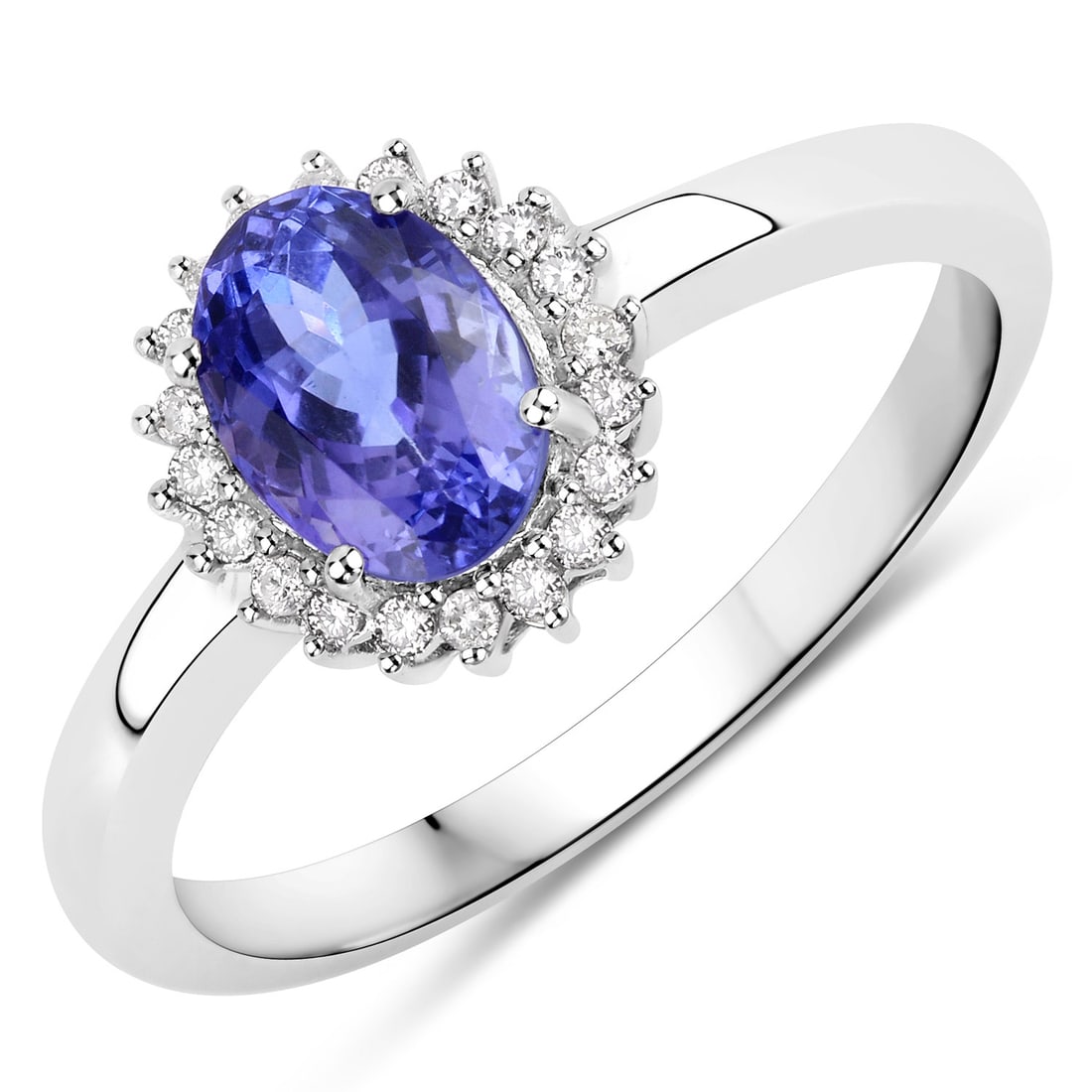14KT White Gold 0.86ctw Tanzanite and White Diamond Ring: Tanzanite Oval/7x5mm - 1/0.75 ctw Prong Setting Natural Heat Treated E + White Diamond Round/1.00-1.05mm - 20/0.11 ctw Natural Not Treated N H-I I1. Ring size 7. Total weight of 1.92 grams.