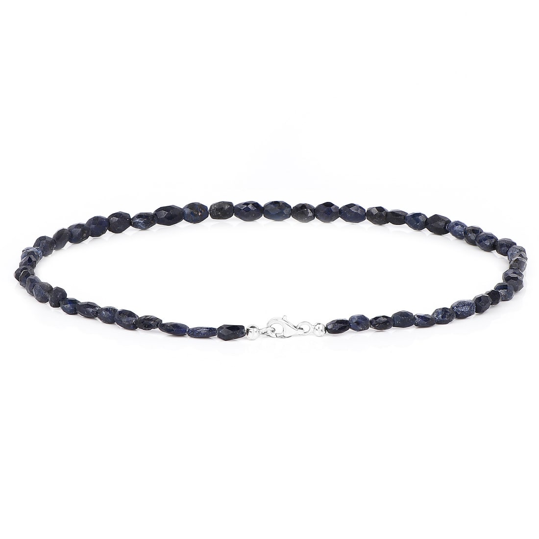 Rhodium Plated 6.89ctw Black Sapphire Bracelet: 6.89ctw Carat Dyed Sapphire 18.25Inches Long Beaded Necklace. Black Sapphire Round/3.00mm - 53/6.89 ctw Natural Heat Treated E. Total weight 10.28 grams. Bracelet length is 7.25 inches.