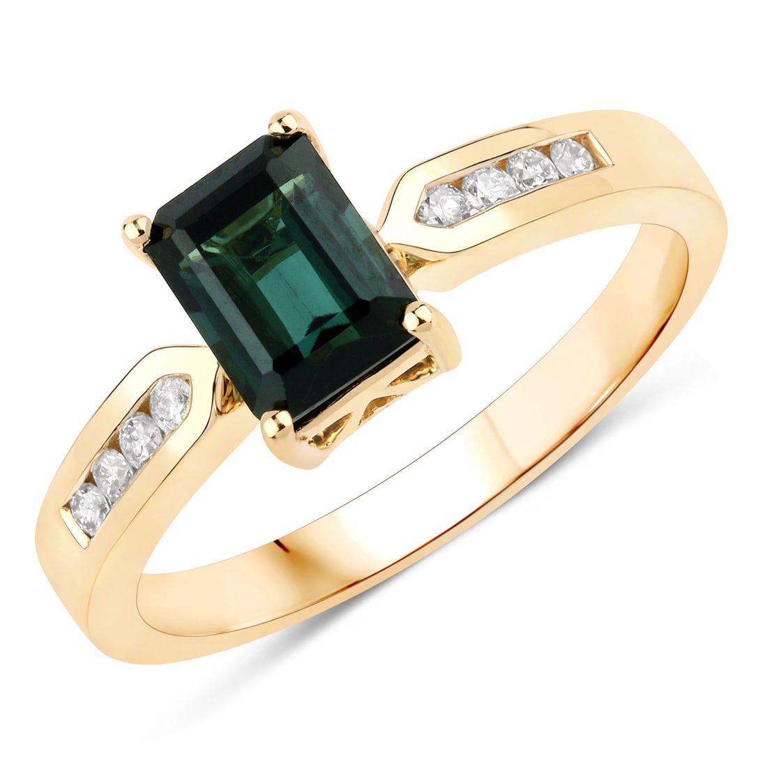 14KT Yellow Gold 1.19ctw Green Tourmaline and White Diamond Ring: Green Tourmaline Octagon/7x5mm - 1/1.08 ctw Prong Setting Natural Irradiated N + White Diamond Round/1.50mm - 8/0.11 ctw Natural Not Treated N H-I I1. Ring size 7. Total weight of 2.81 grams.