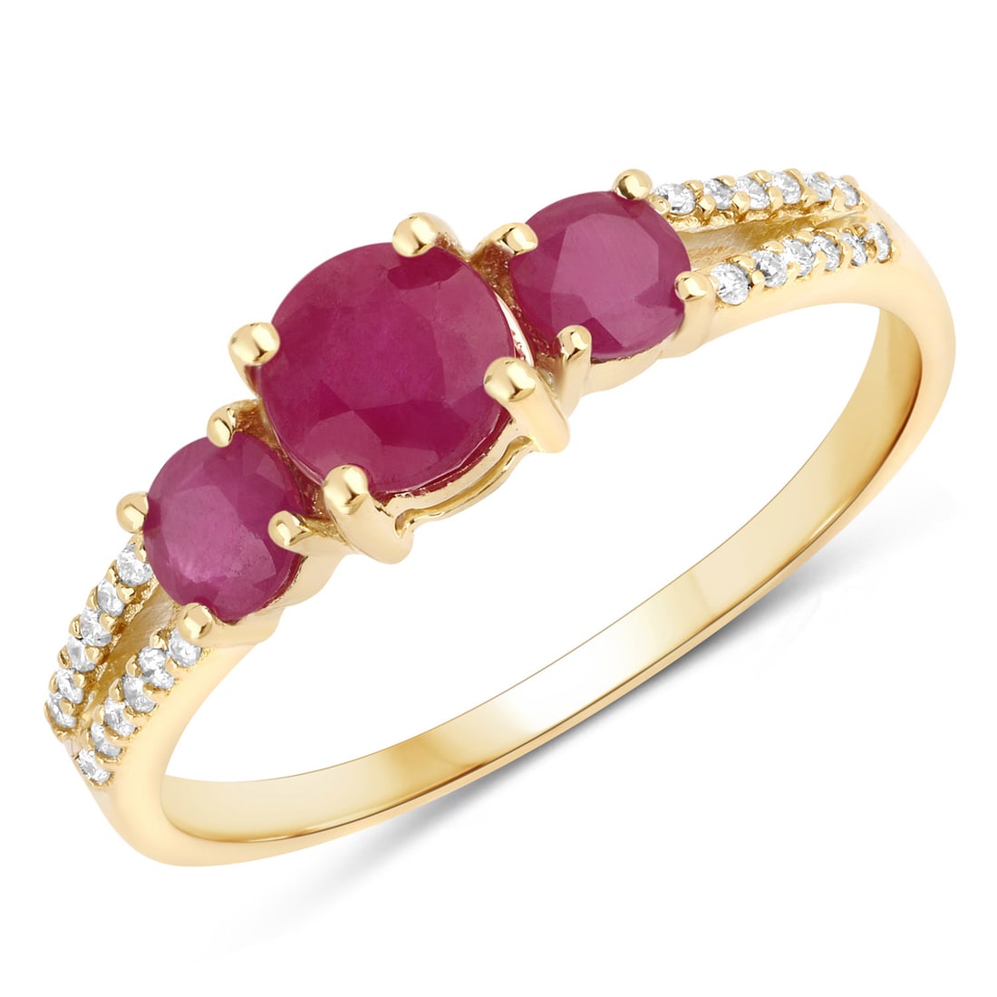 14KT Yellow Gold 1.02ctw Ruby and White Diamond Ring: Ruby Round/5.00mm - 1/0.55 ctw Prong Setting Natural Heat Treated F + Ruby Round/3.50mm - 2/0.40 ctw Natural Heat Treated F + White Diamond Round/0.80mm - 24/0.07 ctw Natural Not Treated N H-I I1. Rin