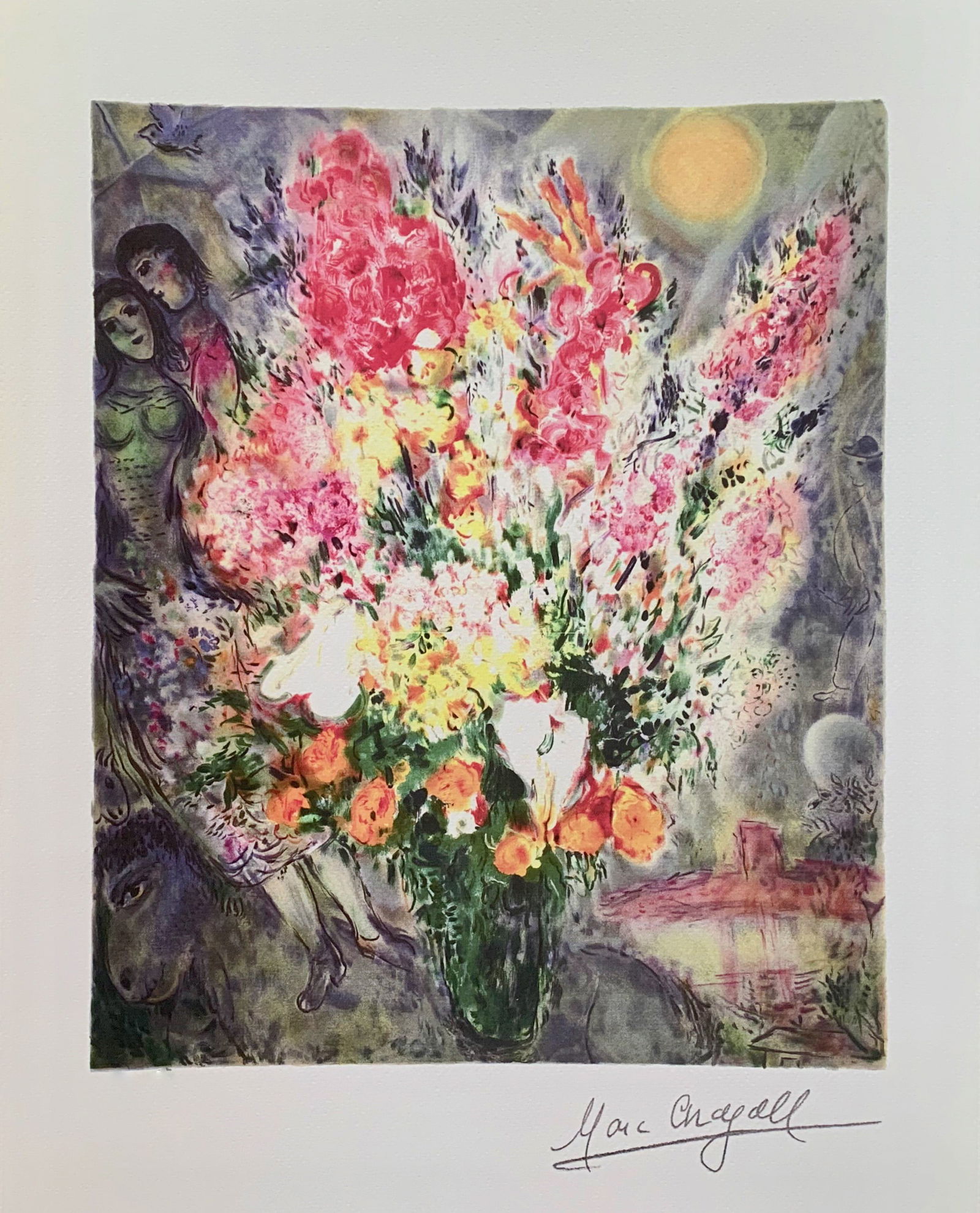Marc Chagall Floral Bouquet Facsimile Signed Limited Edition Giclee: This is a Marc Chagall limited edition giclee titled FLORAL BOUQUET. This subject is facsimile signed which means it has a copy of Chagall’s signature. Numbered from a limited edition of 375. Image
