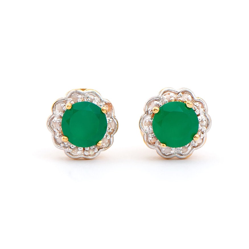 Plated 18KT Yellow Gold 1.52ctw Green Agate and Diamond Earrings: One pair of Plated 18KT Yellow Gold 1.52ctw Green Agate and Diamond Earrings. (2) Green Agate stones with a total weight of 1.52cts. (20) diamonds with a total of 0.18cts with a color of H-I and clari