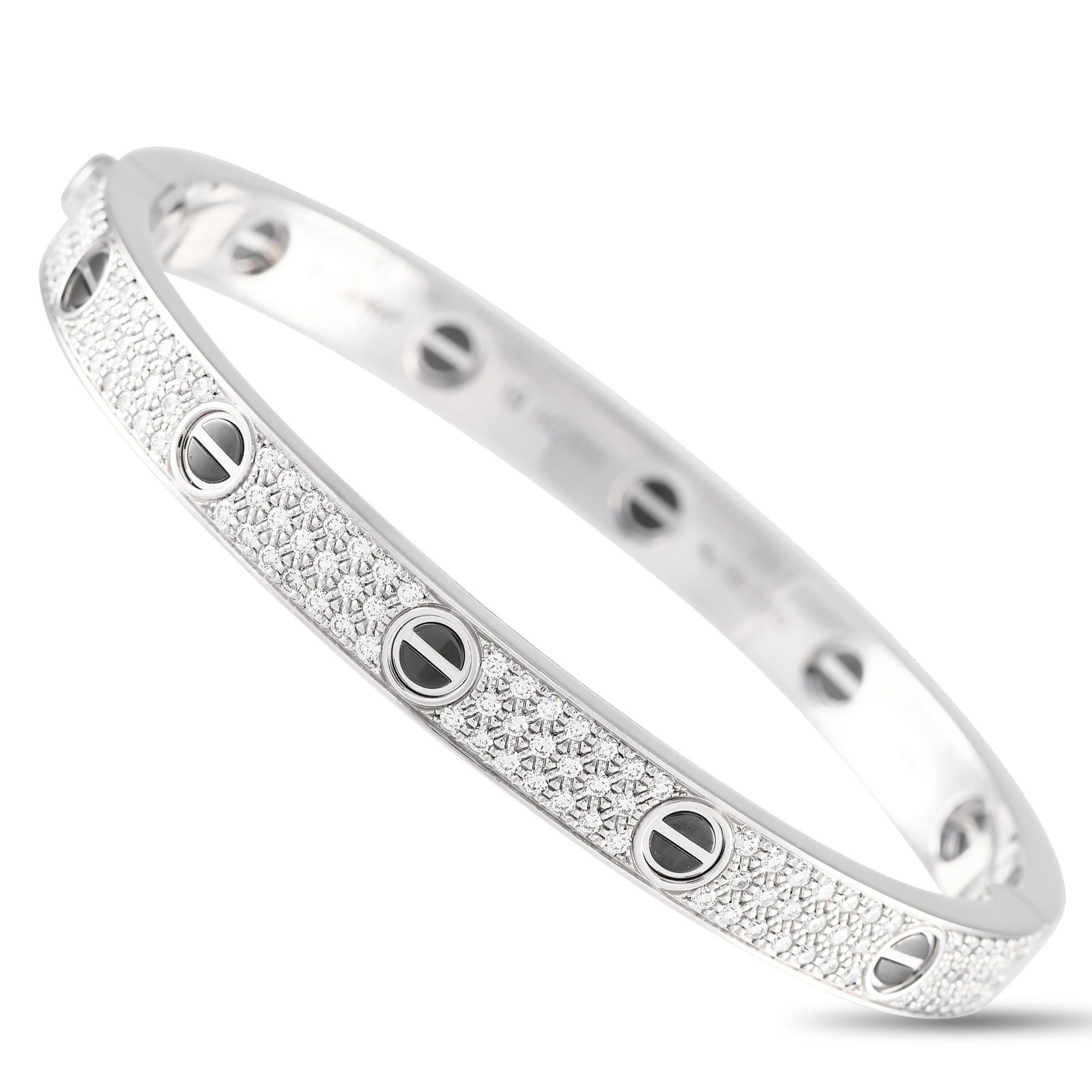 Cartier 18K White Gold Diamond Pav Ceramic Bracelet: Glow with Cartier's diamond-paved LOVE bracelet. This 18K white gold stunner has the iconic screw motif in ceramic running along its diamond-encrusted circumference. The bracelet measures 7.1 inches.