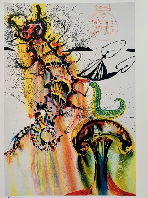 Dali Advice From A Caterpillar Facsimile Signed Numbered Giclee: This is a limited edition giclee titled “Advice from a Caterpillar” from the Alice in Wonderland Suite by Salvador Dali. This piece is facsimile signed on the lower right. Pencil numbered from