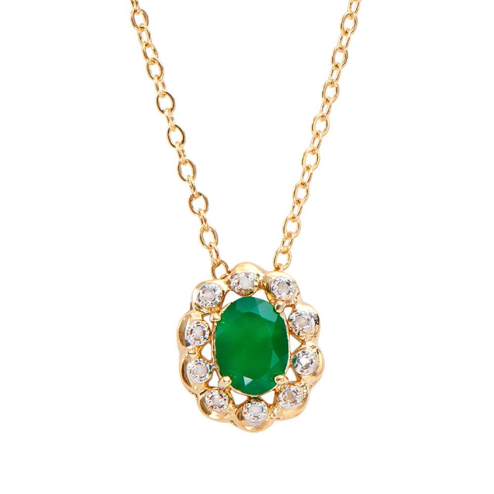 Plated 18KT Yellow Gold 1.00ct Green Agate and Diamond Pendant with Chain: One Plated 18KT Yellow Gold 1.00ct Green Agate and Diamond Pendant with Chain. (1) Green Agate stone with a total weight of 1.00cts. (10) Diamonds with a total weight of 0.08cts with a color of I-J an