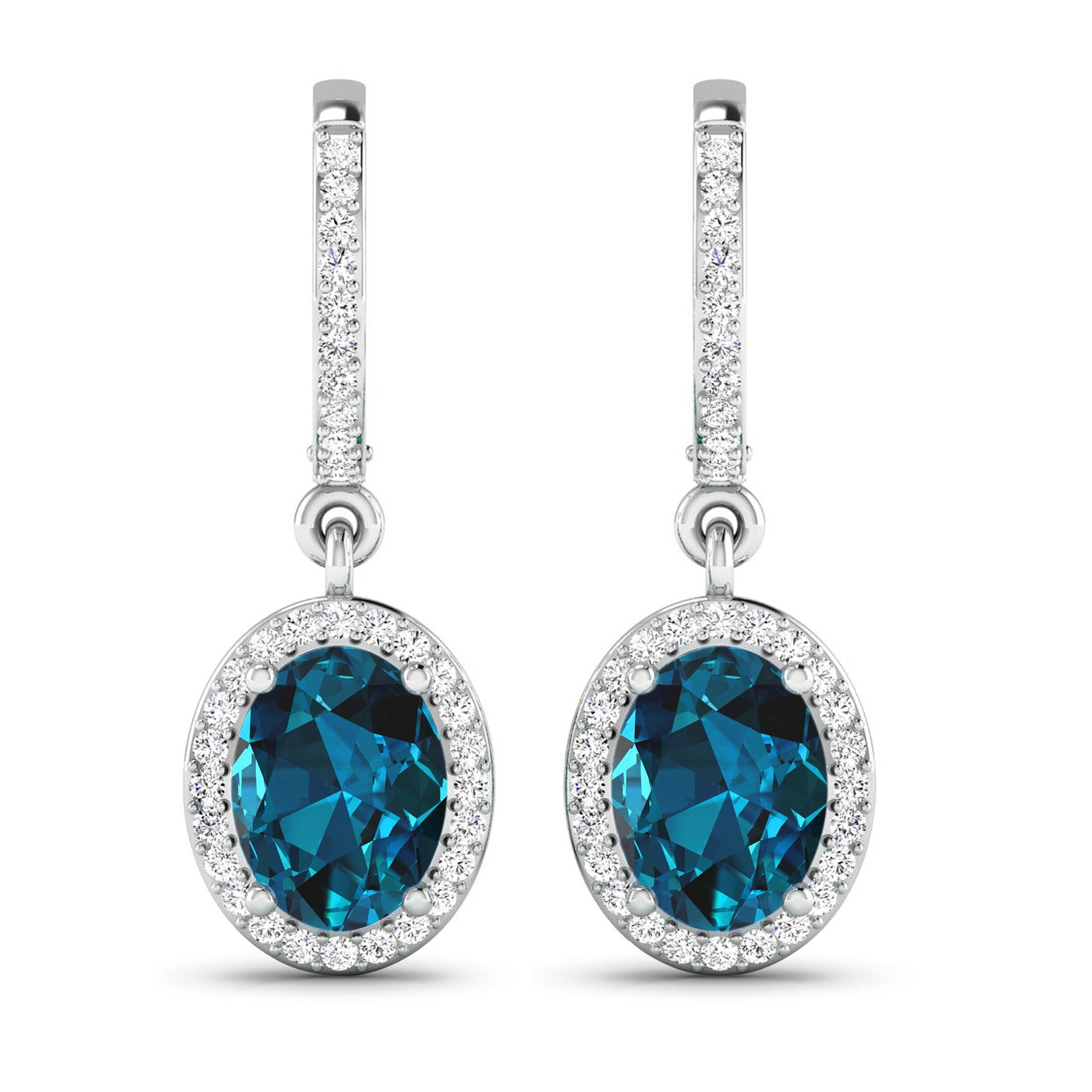 14KT White Gold 2.2ctw London Blue Topaz and Diamond Earrings: London Blue Topaz Oval 8x6mm - 2Pcs + White Diamond F/C Round 1.00mm - 70Pcs ( Clip On ) (I1-I2/I color) Total weight of gemstones is 2.2cts. Total Diamond weight is 0.32cts. Total weight of these ear