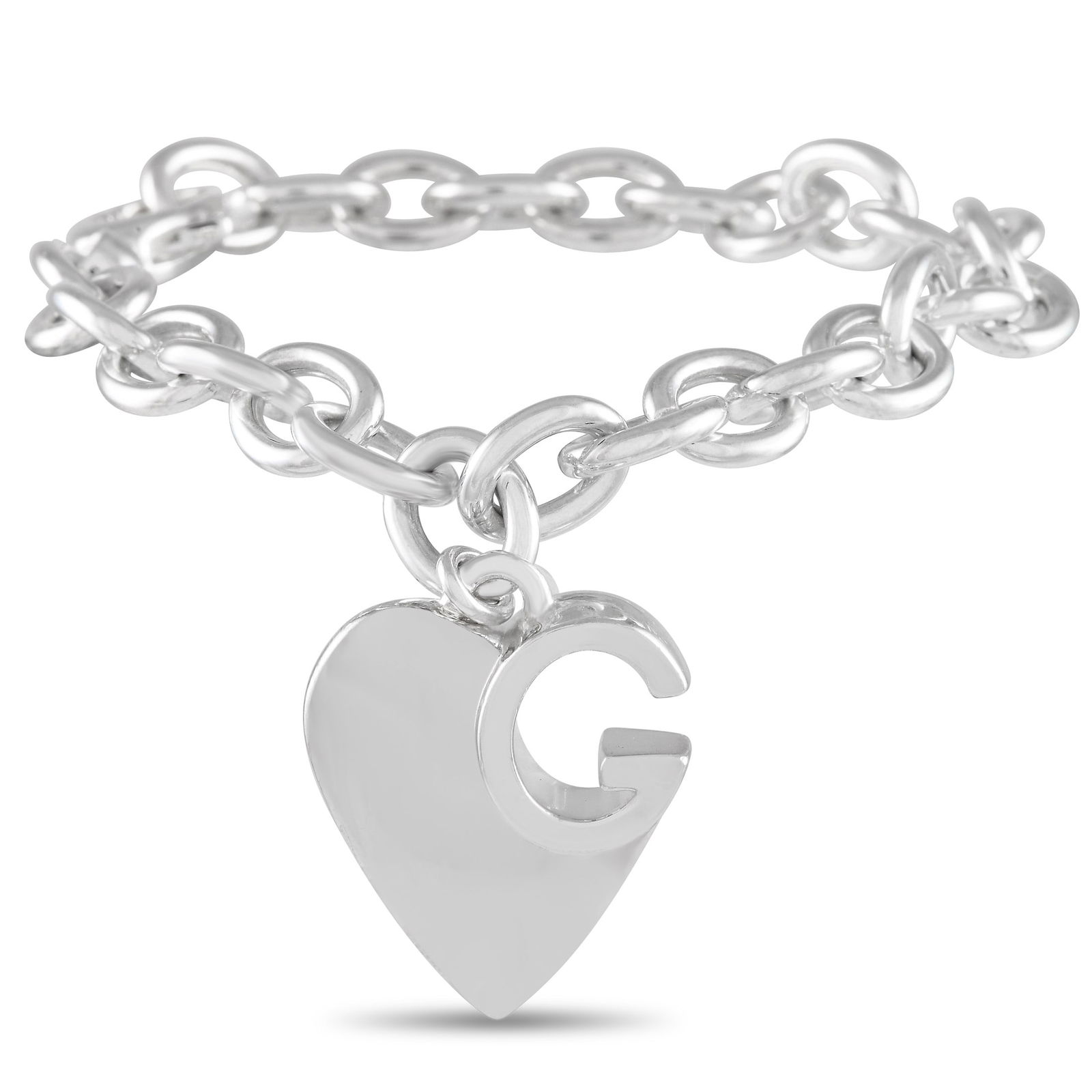 Gucci Silver Heart Chain Bracelet: The perfect daily companion. This Gucci chain bracelet in durable silver will pair well with any ensemble. It features large round links in polished finish and a heart charm detailed with a cut-out le