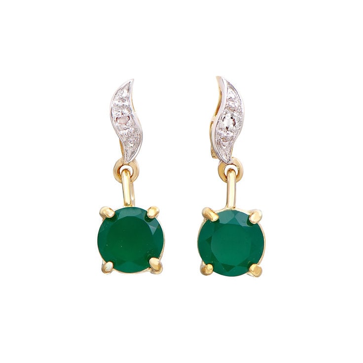 Plated 18KT Yellow Gold 1.22cts Green Agate and Diamond Earrings: One pair of Plated 18KT Yellow Gold 1.22cts Green Agate and Diamonds Earrings. (2) Green Agate stones with a total weight of 1.2cts. (2) diamonds with a total of 0.02cts with a color of H-I and clarit