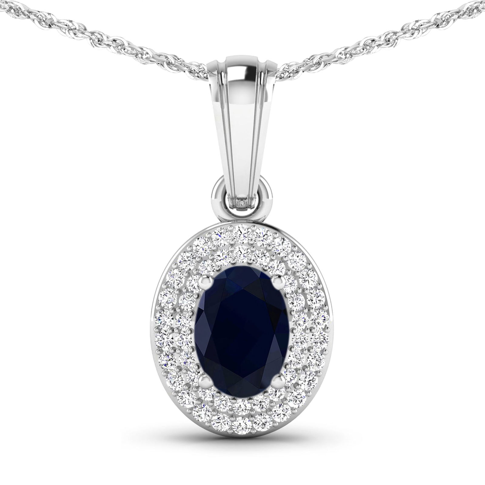 14KT White Gold 0.75ctw Blue Sapphire and Diamond Pendant: Blue Sapphire (AA) Oval 7x5mm - 1Pc + White Diamond F/C Round 0.90mm - 48Pcs (I1-I2/I color) Total weight of gemstone is 0.75cts. Total Diamond weight is 0.16cts. Total weight of this pendant is 1.43