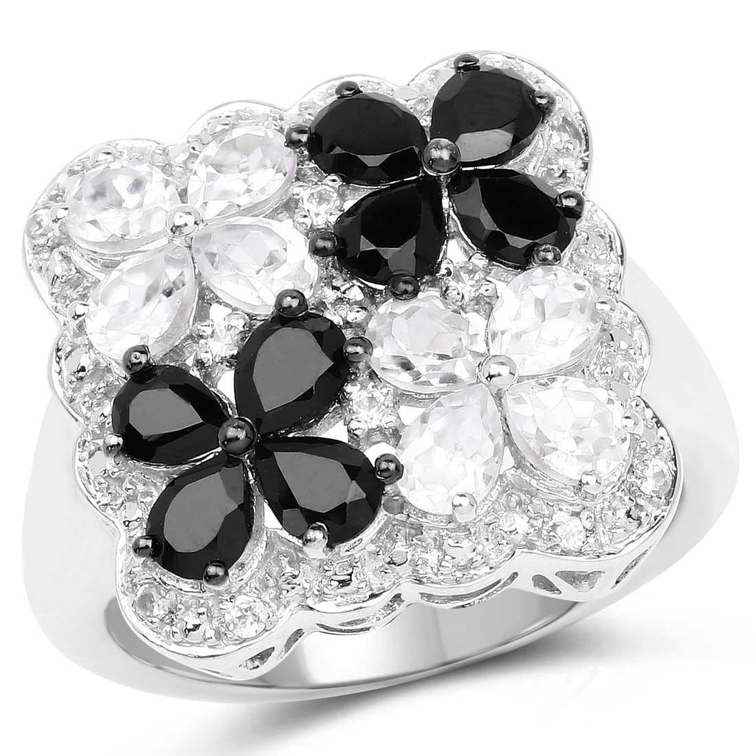 Plated Rhodium 1.36ctw Black Spinel and White Topaz Ring: 2.88 Carat Genuine White Topaz and Black Spinel.925 Sterling Silver Ring. White Topaz Pear/4x3mm - 8/1.44 ctw Natural Heat Treated C + Black Spinel Pear/4x3mm - 8/1.36 ctw Natural Not Treated N + Whit
