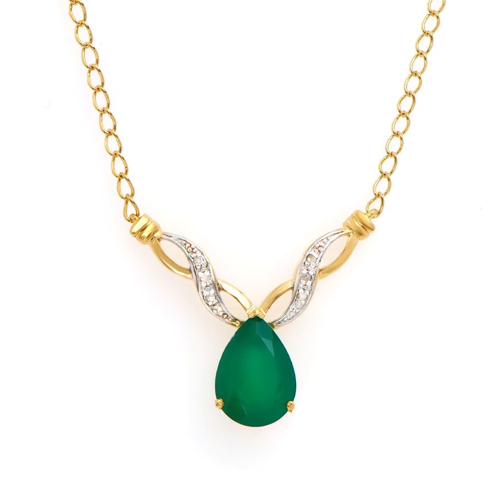 Plated 18KT Yellow Gold 3.55ct Green Agate and Diamond Pendant with Chain: One Plated 18KT Yellow Gold 3.55ct Green Agate and Diamond Pendant with Chain. (1) Green Agate stone with a total weight of 3.55cts. Diamonds with a total weight of 0.05cts with a color of I-J and cla