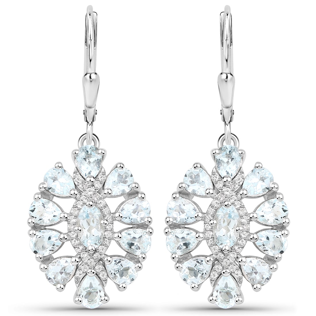 Plated Rhodium 2.80ctw Aquamarine and White Topaz Earrings: 2.93 Carat Genuine Aquamarine and White Topaz .925 Sterling Silver Earrings. Aquamarine Oval/5x3mm - 2/0.40 ctw Prong Setting Natural Heat Treated E + Aquamarine Pear/4x3mm - 20/2.40 ctw Natural Heat 
