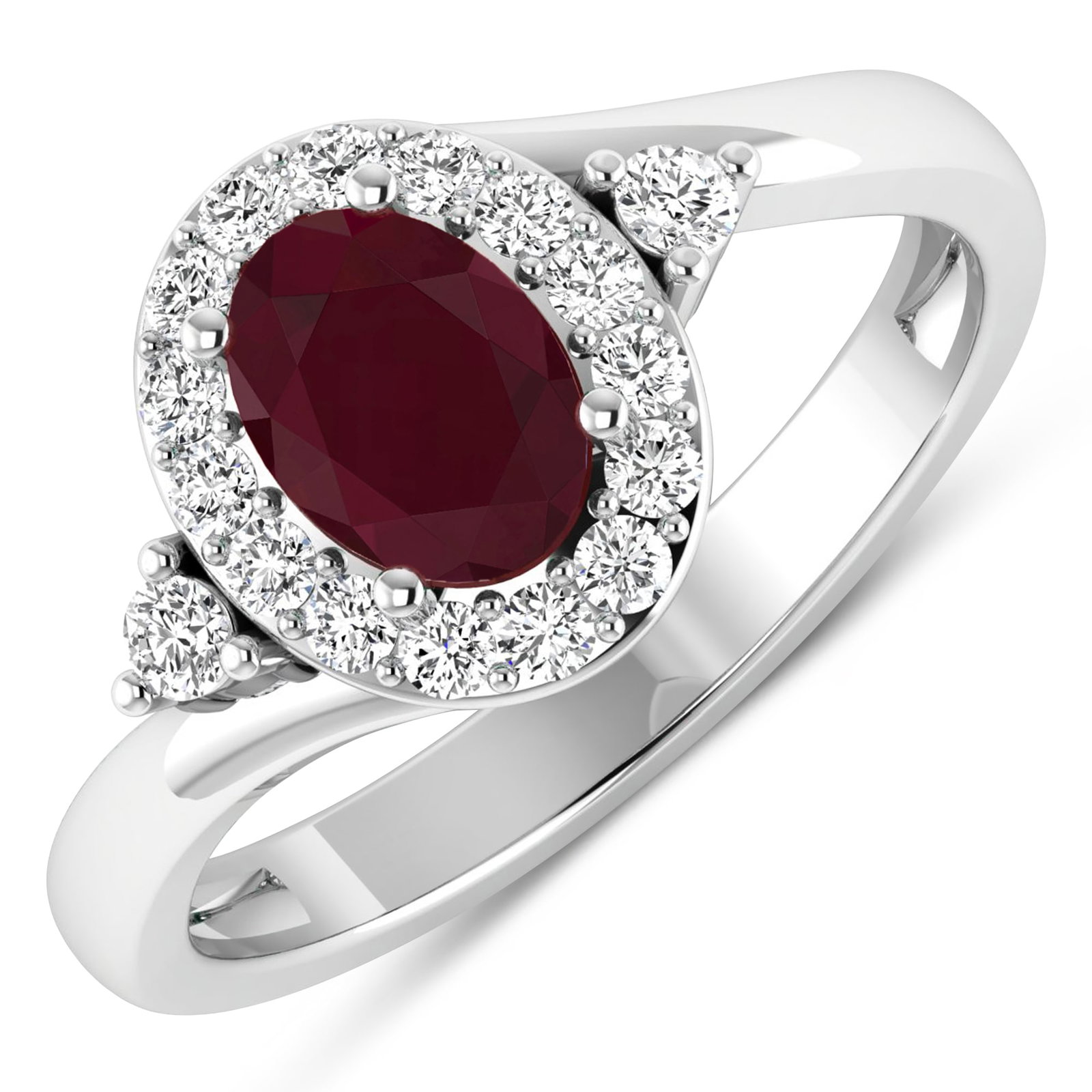 14KT White Gold 0.85ctw Ruby and Diamond Ring: Ruby (AA) Oval 7x5mm - 1Pc + White Diamond F/C Round 2.00mm - 2Pcs + White Diamond F/C Round 1.50mm - 15Pcs ( I1-I2/I color ) Total weight of gemstone is 0.85cts. Total Diamond weight is 0.27cts. Tota