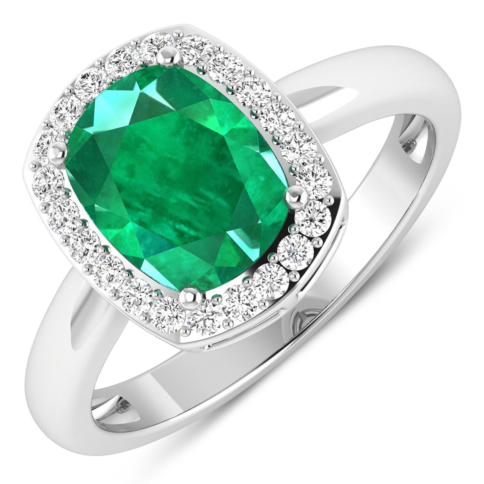 14KT White Gold 1.74ctw Zambian Emerald and Diamond Ring: Zambian Emerald (AA) Cushion 9x7mm - 1Pc + White Diamond F/C Round 1.30mm - 22Pcs ( SI2/HI color ) Total weight of gemstone is 1.74cts. Total Diamond weight is 0.22cts. Total weight of this ring is 2.