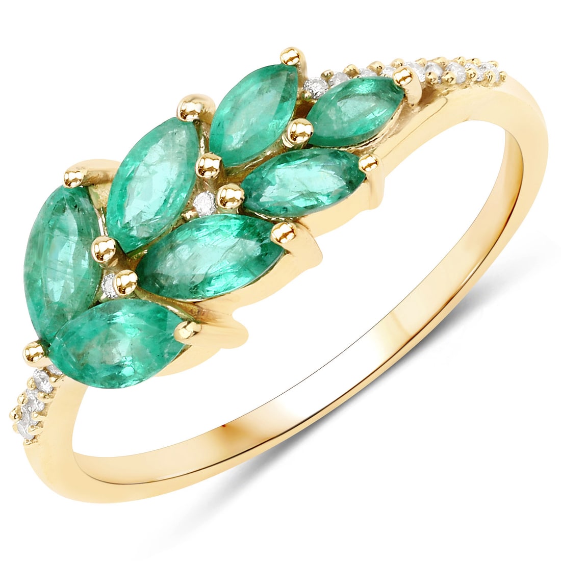 14KT Yellow Gold 0.68ctw Zambian Emerald and White Diamond Ring: Zambian Emerald Marquise/5x2.50mm - 4/0.44 ctw Prong Setting Natural Oiled O + Zambian Emerald Marquise/4x2mm - 3/0.20 ctw Natural Oiled O + White Diamond Round/0.80mm - 16/0.04 ctw Natural Not Treate