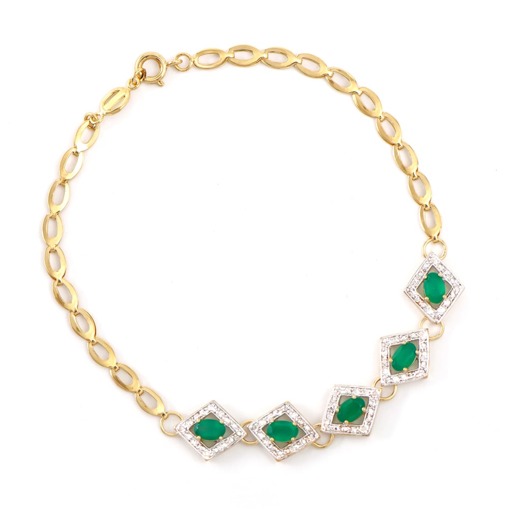 Plated 18KT Yellow Gold 2.05ctw Green Agate and Diamond Bracelet: One Plated 18KT Yellow Gold 2.05ctw Green Agate and Diamond Bracelet. (5) Green Agate stones with a total weight of 2.05cts. Diamonds with a total weight of 0.15cts with a color of I-J and clarity of