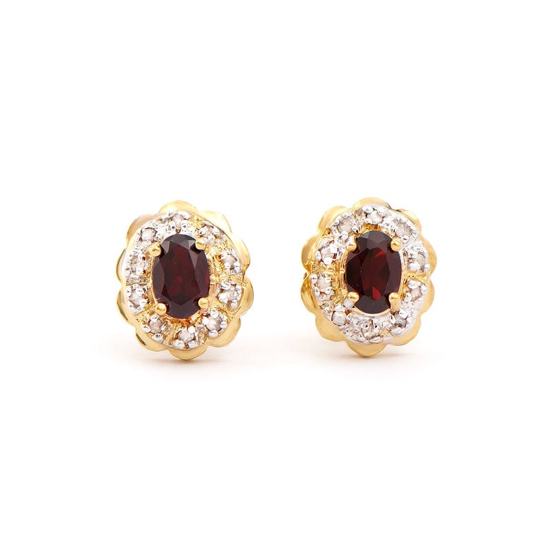 Plated 18KT Yellow Gold 1.02cts Garnet and Diamond Earrings: One pair of Plated 18KT Yellow Gold 1.02cts Garnet and Diamond Earrings. (2) Brown Garnet stones with a total weight of 0.84cts. (20) diamonds with a total of 0.18cts with a color of H-I and clarity o