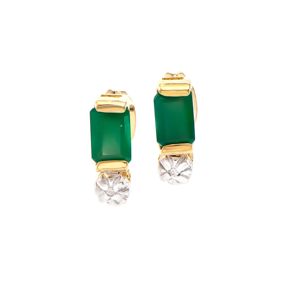 Plated 18KT Yellow Gold 1.10ctw Green Agate and Diamond Earrings: One Plated 18KT Yellow Gold 1.10ctw Green Agate and Diamond Earrings. 2 pieces of round 6x4mm Green Agates. 2 pieces of 1.1 mm round diamonds. Earrings with a total weight of 1.35 grams.