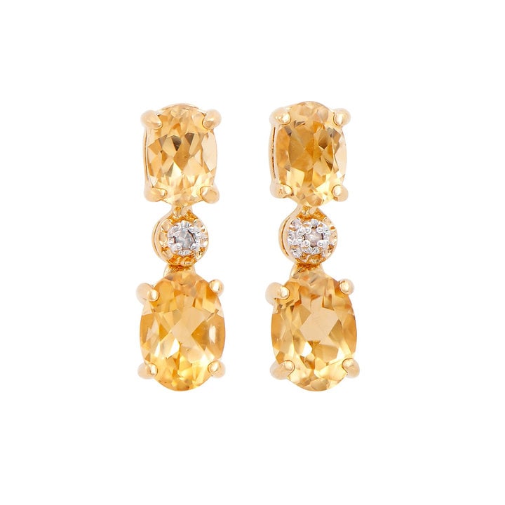 Plated 18KT Yellow Gold 2.22ctw Citrine and Diamond Earrings: One pair of Plated 18KT Yellow Gold 2.22ctw Citrine and Diamond Earrings. (4) Citrine stones with a total weight of 2.22cts. (2) diamond with a total of 0.02cts with a color of H-I and clarity of I-3.