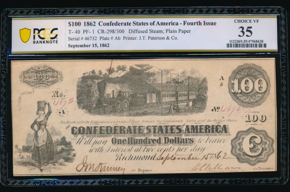 1862 $100 T-40 Confederate PCGS 35: One 1862 $100 T-40 Confederate PCGS 35.