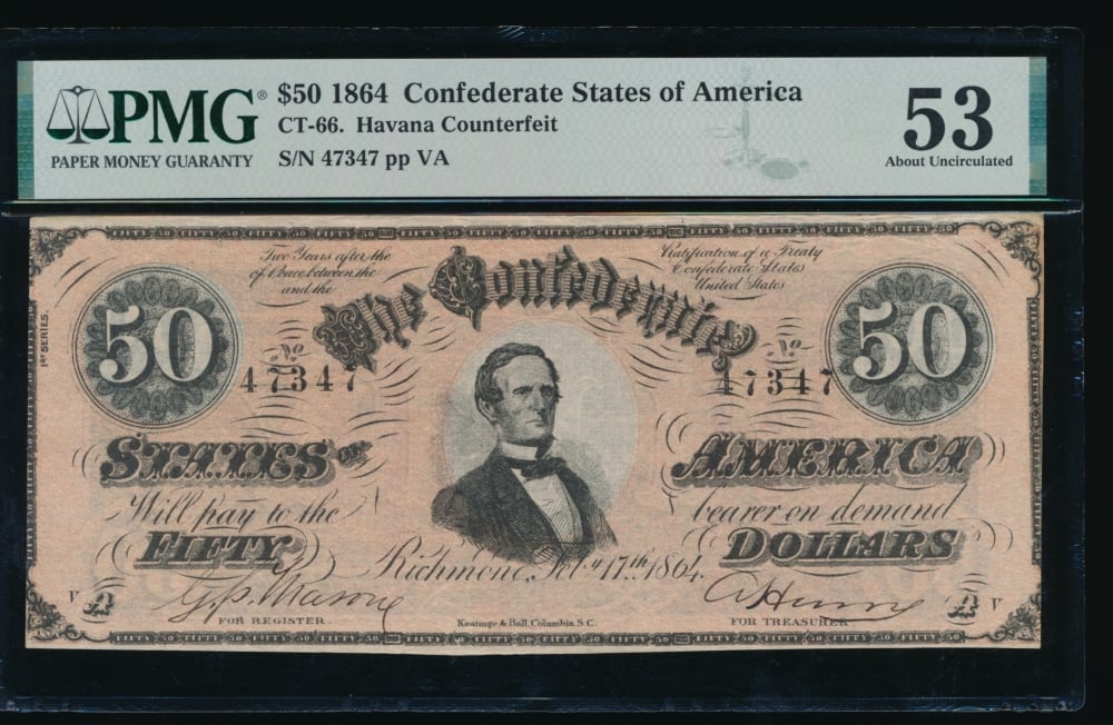 1864 $50 CT-66 Confederate PMG 53: One 1864 $50 CT-66 Confederate PMG 53.