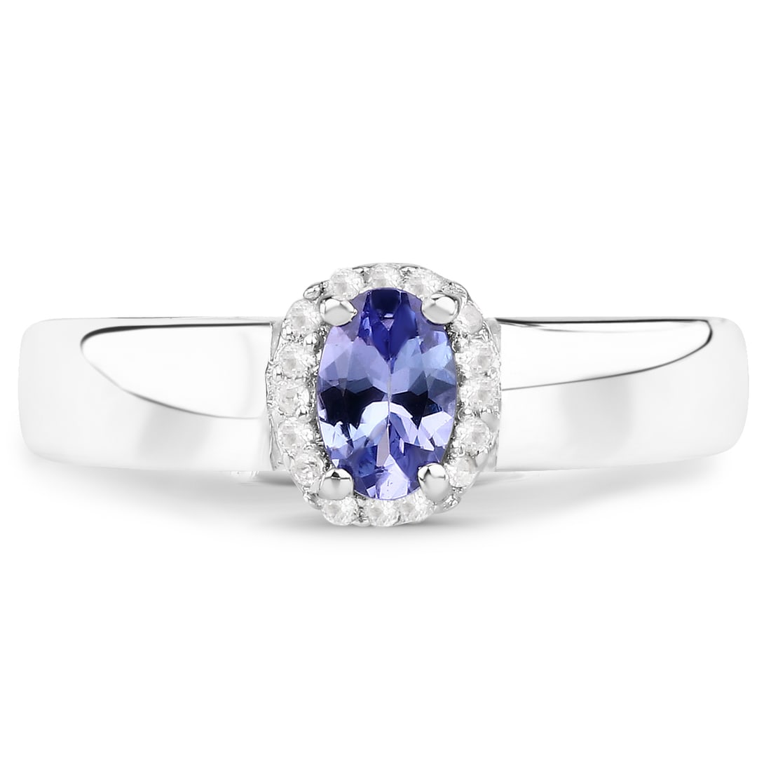 Plated Rhodium 0.75ct Tanzanite and White Zircon Ring: 0.54 Carat Genuine Tanzanite and White Zircon.925 Sterling Silver Ring. Tanzanite Oval/6x4mm - 1/0.44 ctw Prong Setting Natural Heat Treated E + White Zircon Round/1.00mm - 16/0.10 ctw Synthetic Heat 