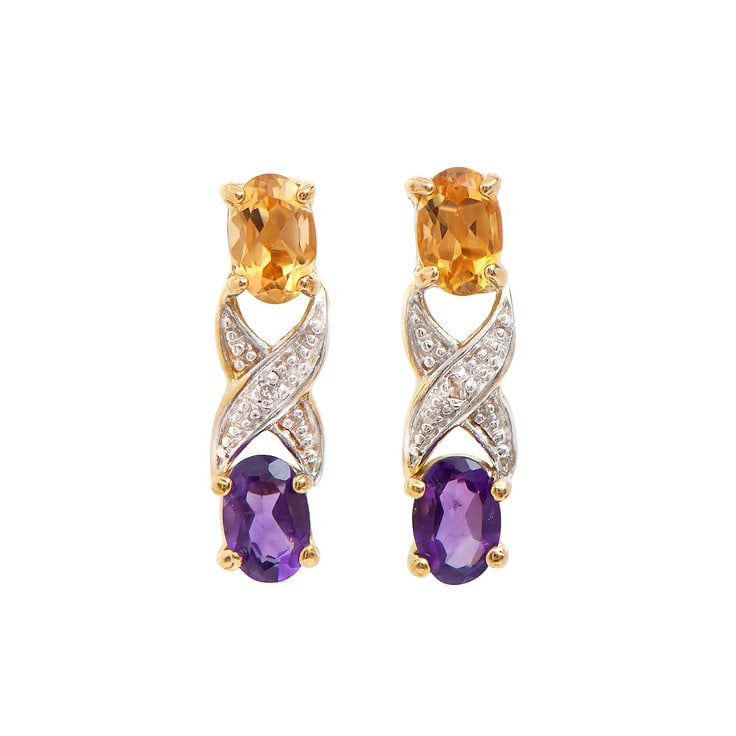 Plated 18KT Yellow Gold 1.62cts Amethyst Citrine and Diamond Earrings: One pair of Plated 18KT Yellow Gold 1.62cts Amethyst Citrine and Diamond Earrings. (2) Violet Amethyst stones with a total weight of 0.8cts. (2) Orange Citrine stones with a total weight of 0.8cts . (