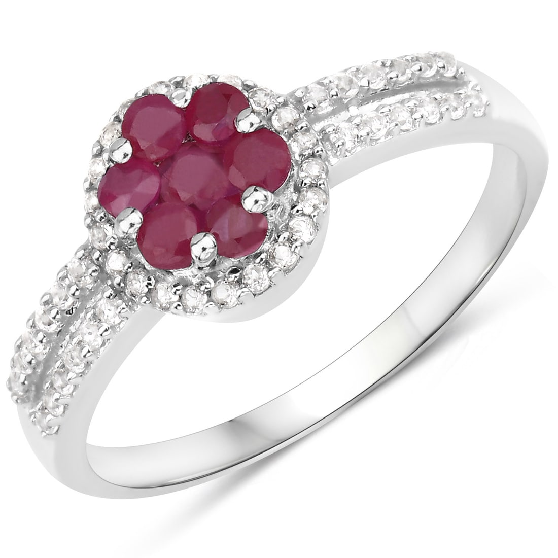 Plated Rhodium Ruby and White Topaz Ring: 0.60 Carat Genuine Ruby and White Topaz.925 Sterling Silver Ring. Ruby Round/2.00mm - 6/0.30 ctw Prong Setting Natural Heat Treated F + Ruby Round/2.50mm - 1/0.07 ctw Natural Heat Treated F + White To