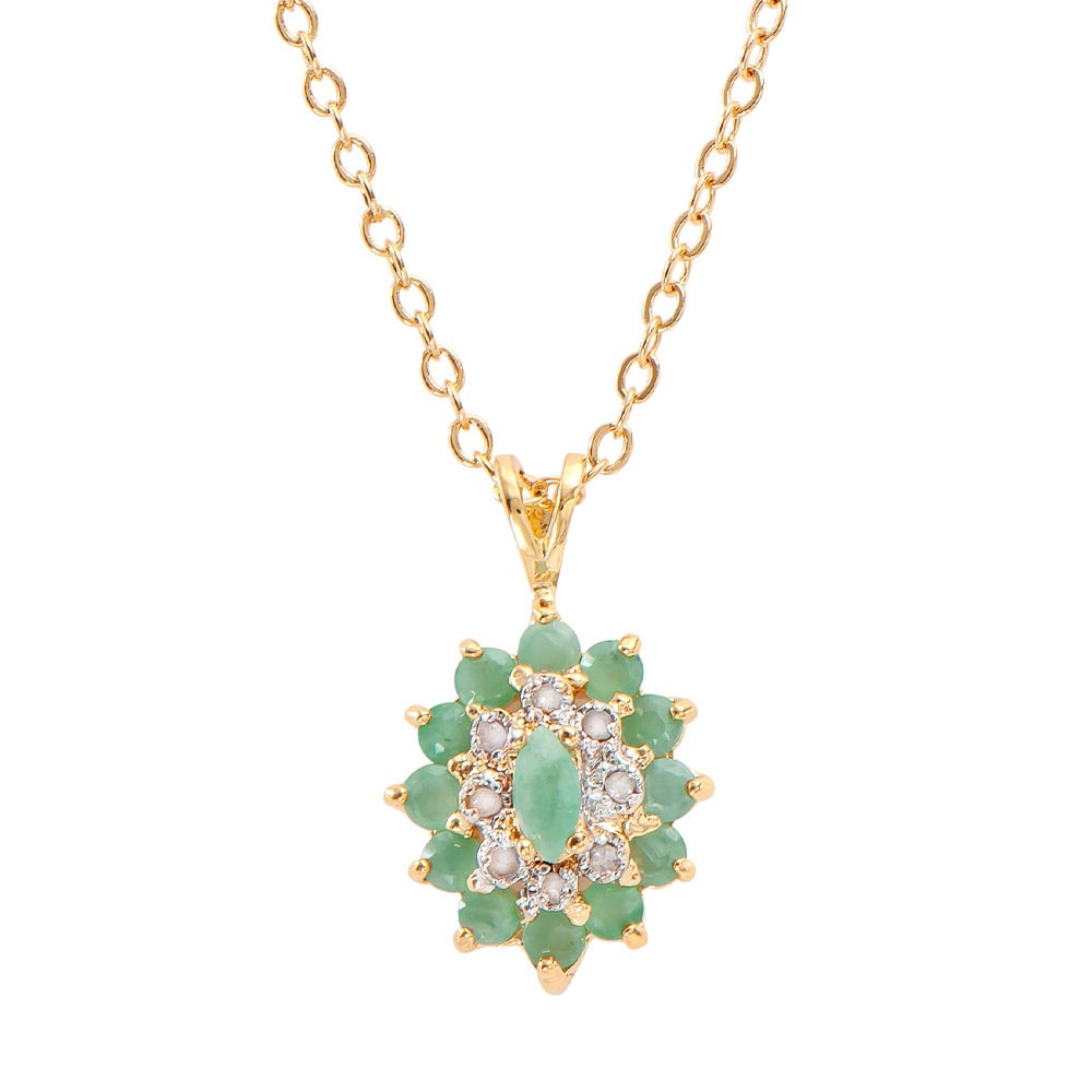 Plated 18KT Yellow Gold 1.00ctw Emerald and Diamond Pendant with Chain: One Plated 18KT Yellow Gold Emerald and Diamond Pendant with Chain. (1) Marquise cut emerald with a total weight of 0.15cts. (12) round emeralds with a total weight of 0.85cts. (8) diamonds with a tot