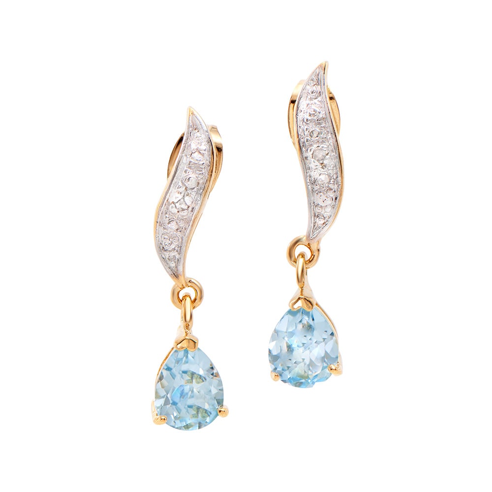 Plated 18KT Yellow Gold 2.05ctw Blue Topaz and Diamond Earrings: One Plated 18KT Yellow Gold 2.05ctw Blue Topaz and Diamond Earrings. 2 pieces of pear shape Blue topaz 8x6mm. 2 pieces of 1.2mm round diamonds. Total weight of these earrings are 2.05 grams.