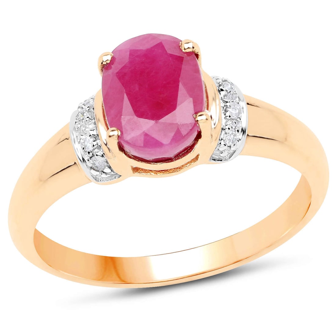 14KT Yellow Gold 1.64ctw Burma Ruby and White Diamond Ring: Ruby Oval/8x6mm - 1/1.60 ctw Prong Setting Natural Heat Treated + White Diamond Round/1.00mm - 8/0.04 ctw Natural Not Treated N I-J I2-I3. Ring size 7. Total weight of 2.41 grams.