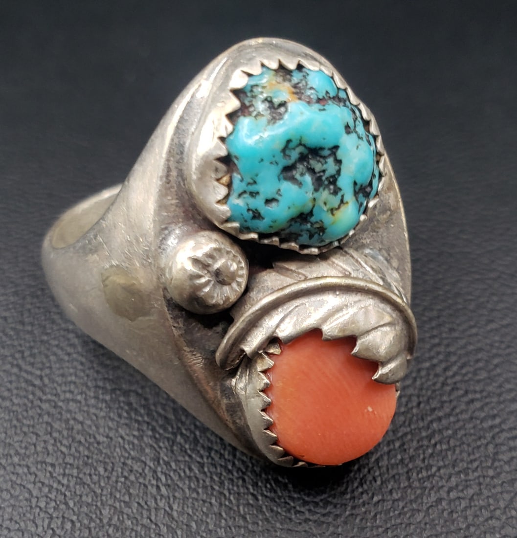 Men's Natural Turquoise Red Coral .925 Silver Ring: This Genuine Hand Crafted American Indian Ring features 2 polished cabochon cuts mounted in solid .925 sterling silver with scrolled leaf design. Size 11.5. Heavy 13 total gram wt.