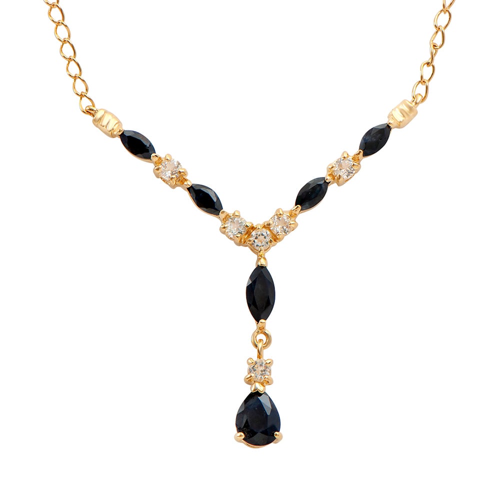 Plated 18KT Yellow Gold 3.50ctw Black Sapphire and White Topaz Pendant with Chain: One Plated 18KT Yellow Gold 3.50ctw Black Sapphire and White Topaz Pendant with Chain. (6) Black Sapphire stones with a total weight of 3.50cts. (6) white topaz stones with a total weight of 0.60cts.