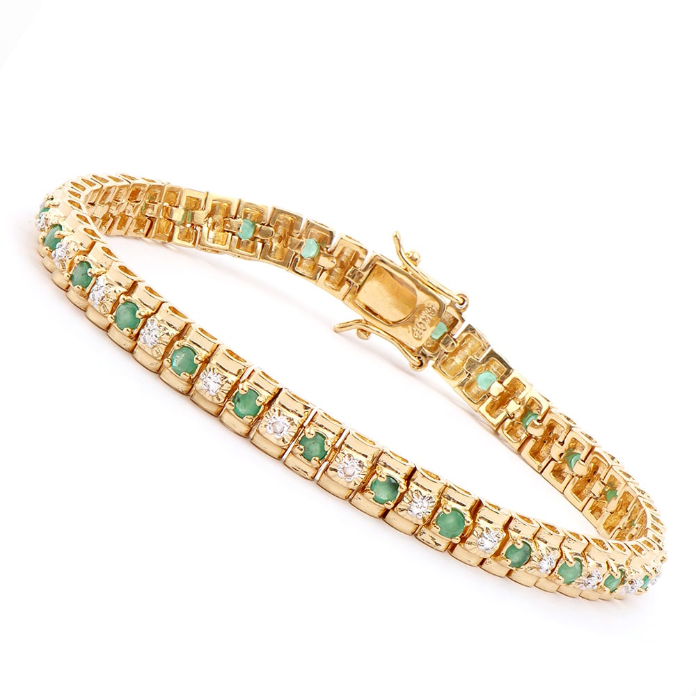 Plated 18KT Yellow Gold 1.80ctw Emerald and Diamond Bracelet: One Plated 18KT Yellow Gold 1.80ctw Emerald and Diamond Bracelet. (27) Emerald stones with a total weight of 1.80cts. Diamonds with a total weight of 0.015cts with a color of I-J and clarity of I-3. T