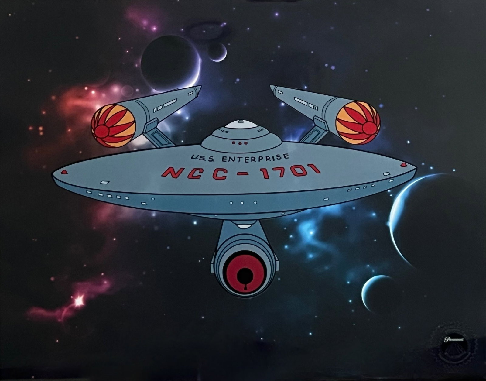 Star Trek U.S.S Enterprise Sericel Animation Art Serigraph Cel: This is a sericel of the U.S.S Enterprise from the animated series Star Trek which debuted in 1972. This artistic recreation sericel measures 11 inches x 14 inches, comes unframed. Produced from a lim