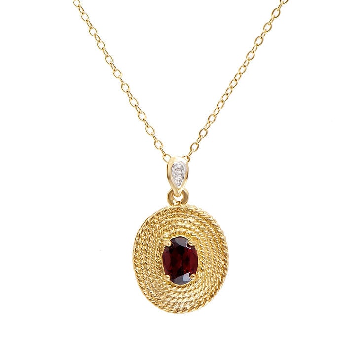 Plated 18KT Yellow Gold 1.26cts Garnet and Diamond Necklace: One Plated 18KT Yellow Gold 1.26cts Garnet and Diamond Necklace 18 in. (1) Brown Garnet stones with a total weight of 1.25cts. (1) diamonds with a total of 0.01cts with a color of H-I and clarity of I