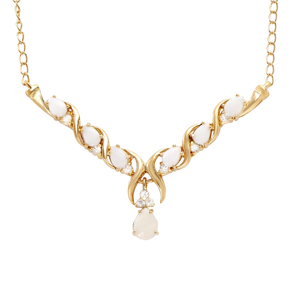 Plated 18KT Yellow Gold 2.00ctw Opal and White Topaz Pendant with Chain: One Plated 18KT Yellow Gold 2.00ctw Opal and White Topaz Pendant with Chain. (7) Opals with a total weight of 2.00cts. (9) White Topaz stones with a total weight of 0.50cts. 7.05 grams of brass layere