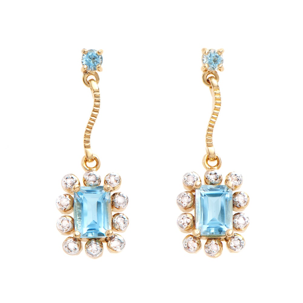 Plated 18KT Yellow Gold 2.06ctw Blue Topaz and Diamond Earrings: One pair of Plated 18KT Yellow Gold 2.06ctw Blue Topaz and Diamond Earrings. (4) Amethyst stones with a total weight of 2.06cts. Diamonds with a total weight of 0.15cts with a color of I-J and with a 