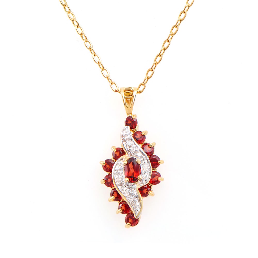 Plated 18KT Yellow Gold 1.16ctw Garnet and Diamond Pendant with Chain: One Plated 18KT Yellow Gold 1.16ctw Garnet and Diamond Pendant with Chain. 13 pieces of Garnet with a total weight of 1.16cts. 6 pieces of 1.2mm round diamonds. Total weight of this pendant with chain