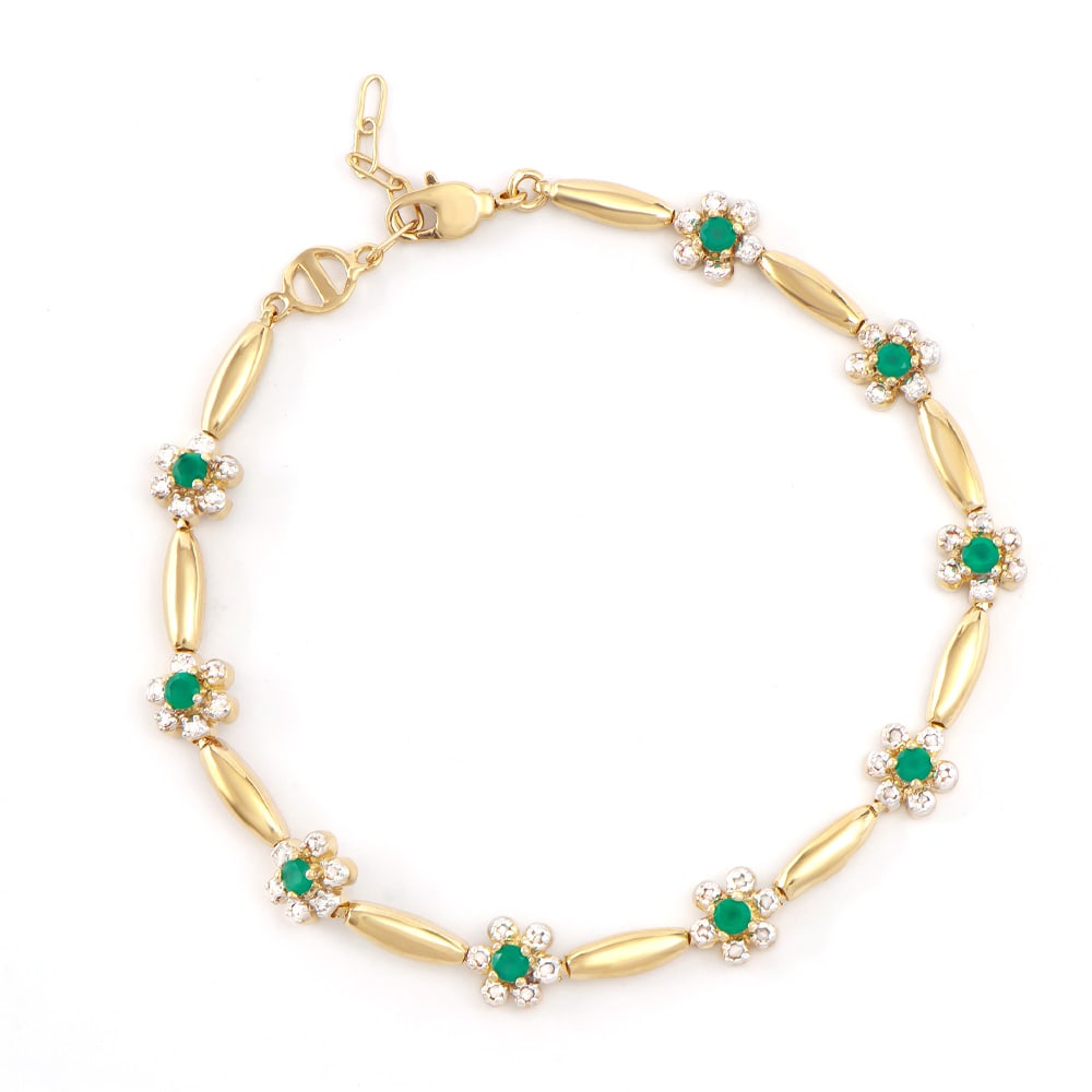 Plated 18KT Yellow Gold 0.81ctw Green Agate and Diamond Bracelet: One Plated 18KT Yellow Gold 0.81ctw Green Agate and Diamond Bracelet. (9) Green Agate stones with a total weight of 2.25cts. Diamonds with a total weight of 0.13cts with a color of I-J and clarity of