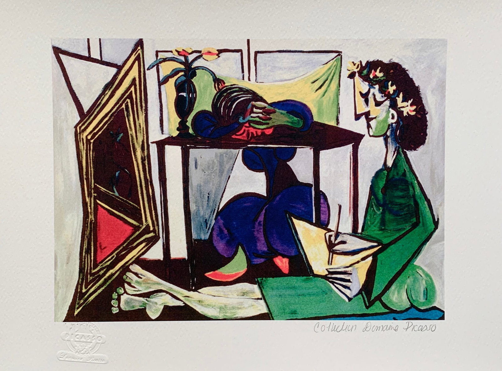 Girl Drawing by Picasso Estate Signed Giclee: Small giclee titled “Interior with Girl Drawing”. This piece is pencil signed on the lower right as ‘Collection Domaine Picasso’ and has an embossed seal stamped by the Picasso Estate. Pen