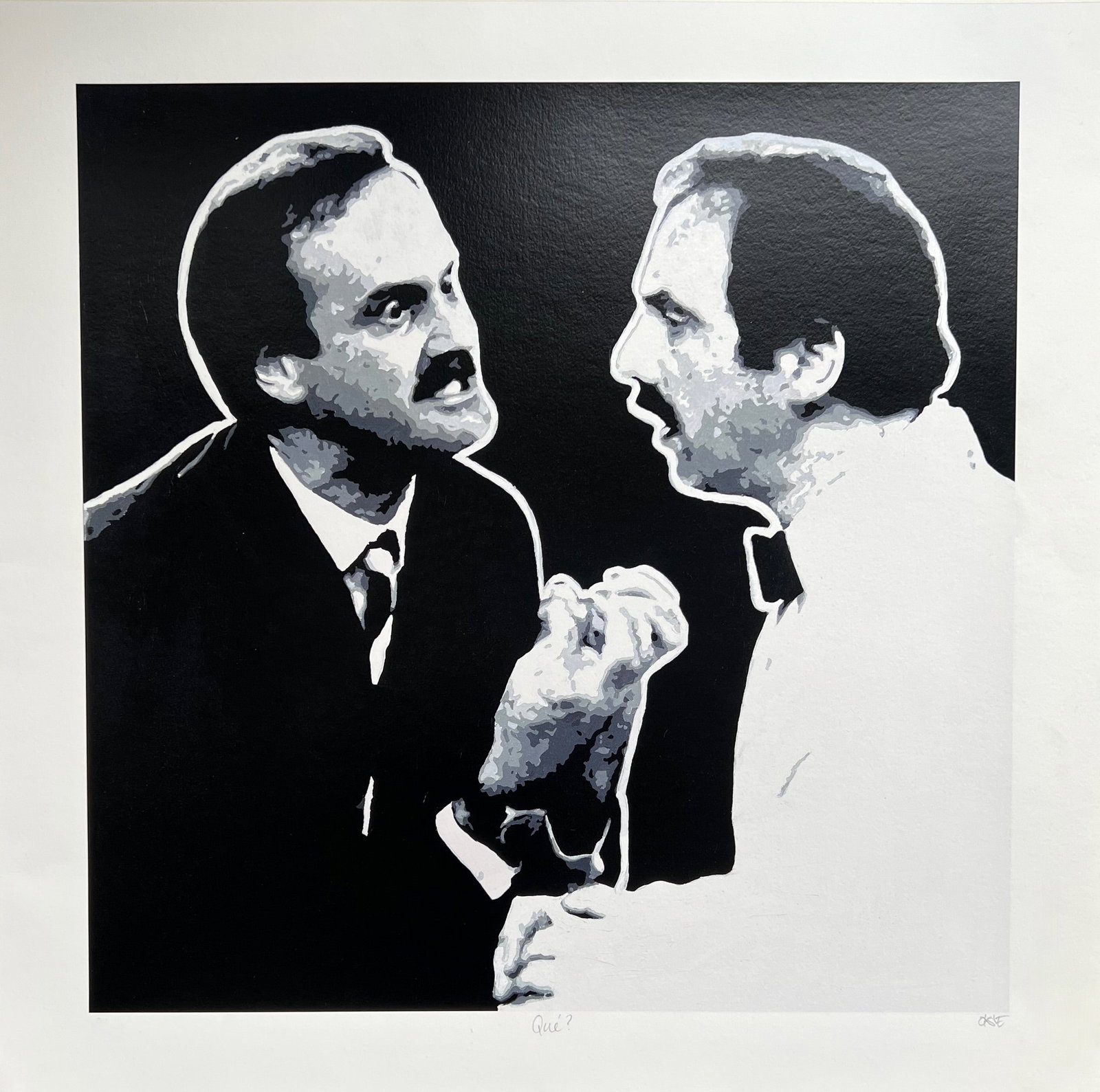 Chris Oxenbury Que Hand Signed Limited Edition Giclee: This is a limited edition hand signed giclee by Chris Oxenbury titled QUE. This piece features John Cleese and Andrew Sachs from Fawlty Towers. Medium: Giclee on Hahnemuhle Paper [Hand Signed and Numb