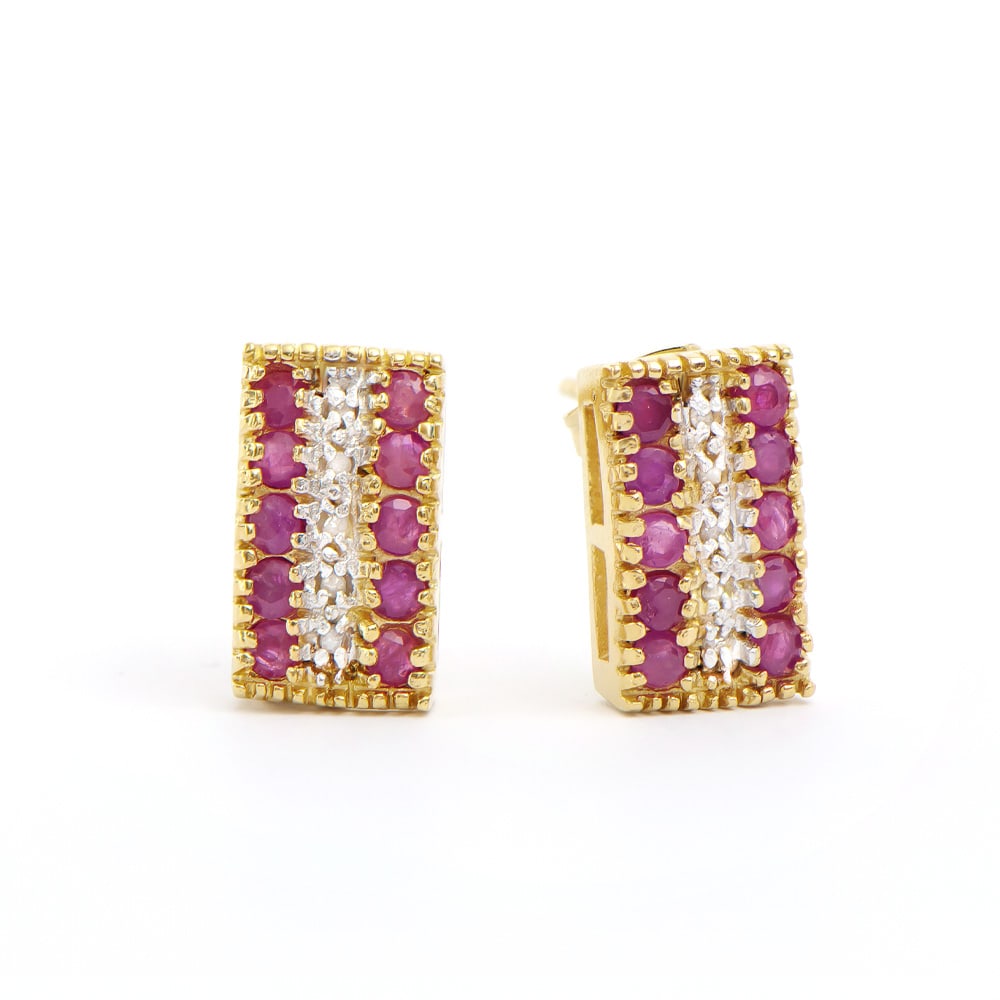 Plated 18KT Yellow Gold 1.21ctw Ruby and Diamond Earrings: One pair of Plated 18KT Yellow Gold 1.21ctw Ruby and Diamond Earrings. (20) Rubies with a total weight of 1.21cts. Diamonds with a total weight of 0.08cts with a color of I-J and with a clarity of I3.