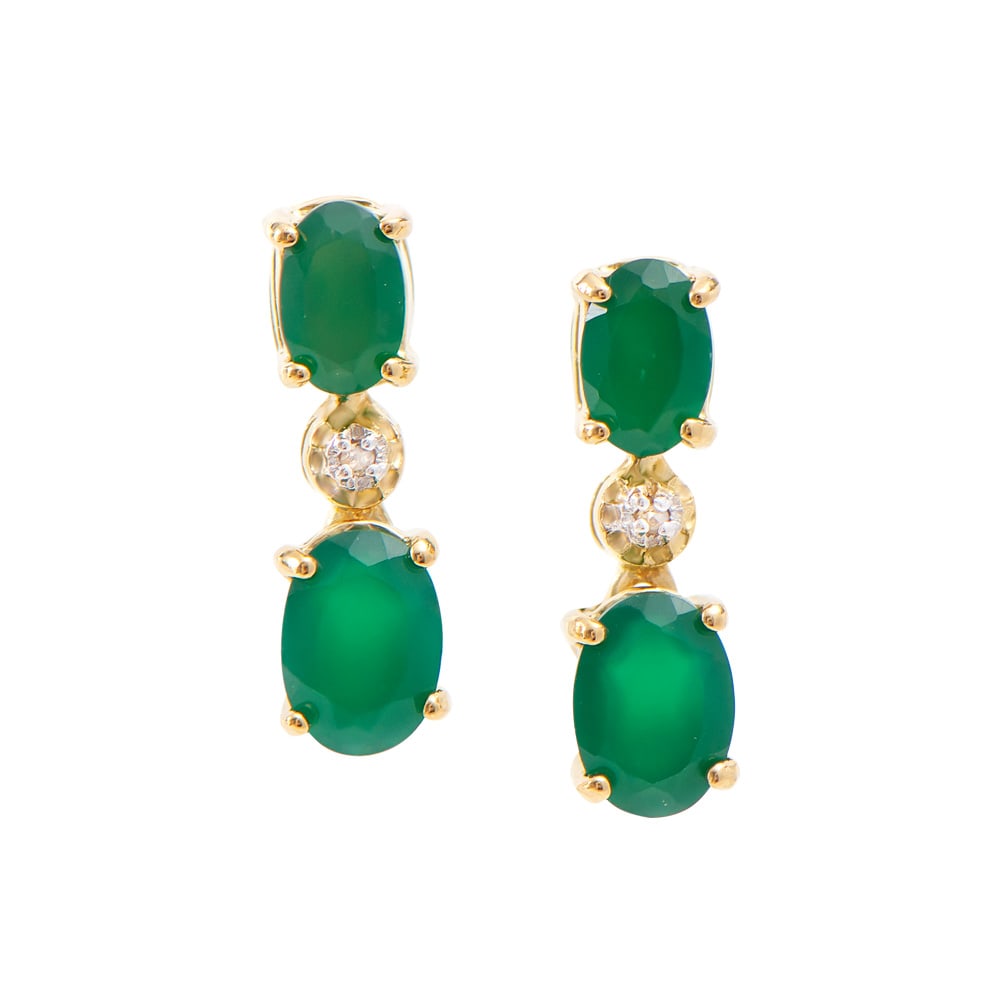 Plated 18KT Yellow Gold 2.00ctw Green Agate and Diamond Earrings: One pair of Plated 18KT Yellow Gold 2.00ctw Green Agate and Diamond Earrings. (4) Green Agate stones with a total weight of 2.00cts. Diamonds with a total weight of 0.015cts with a color of I-J and wi
