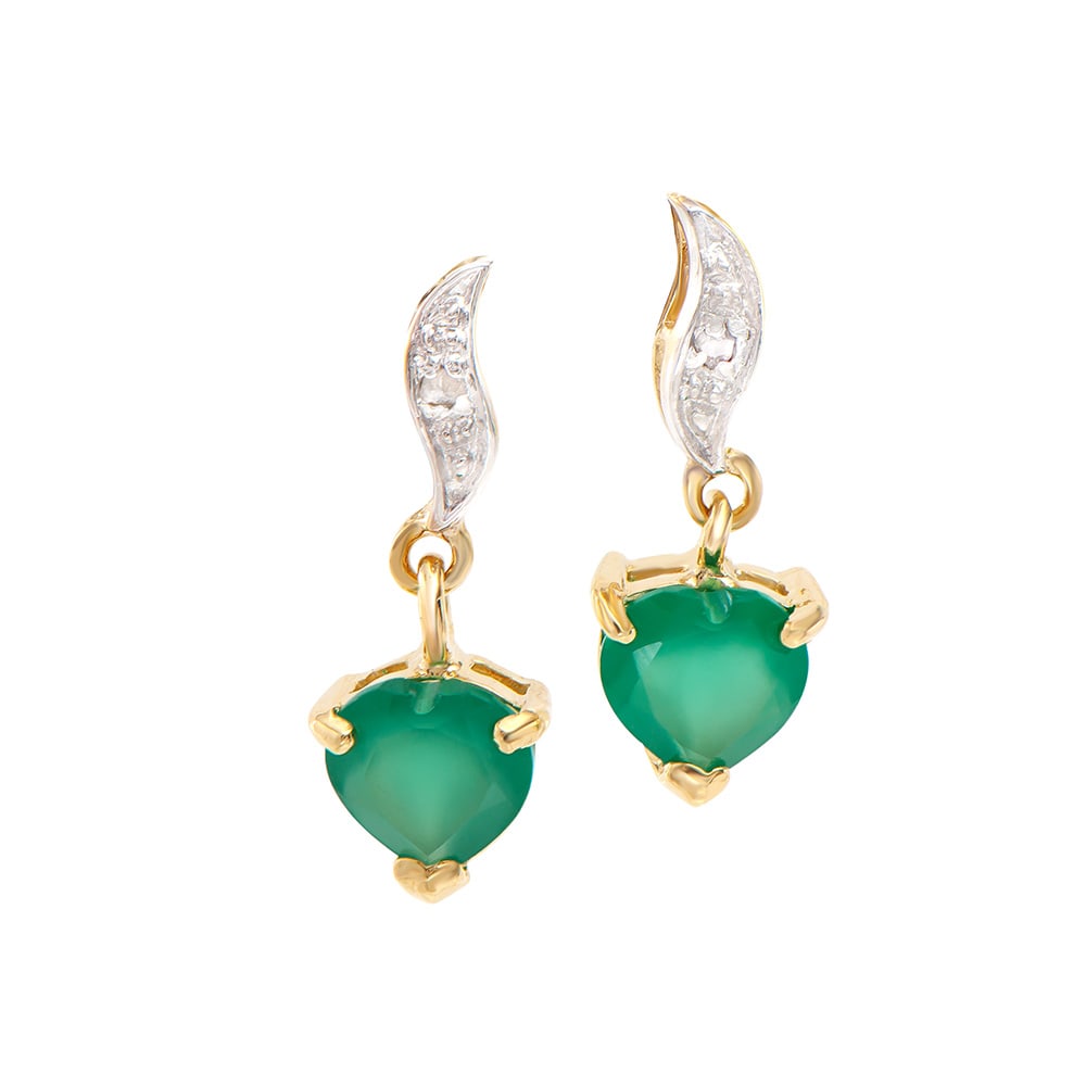 Plated 18KT Yellow Gold 1.10ctw Green Agate and Diamond Earrings: One Plated 18KT Yellow Gold 1.10ctw Green Agate and Diamond Earrings. (2) Green Agates stones with a total weight of 1.10cts. Diamonds with a total weight of 0.015cts with a color of I-J and with a cl