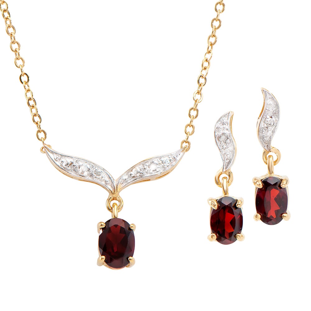 Plated 18KT Yellow Gold 1.70ctw Garnet and Diamond Pendant with Chain and Earrings: One Plated 18KT Yellow Gold 1.70ctw Garnet and Diamond Pendant with Chain and Earrings. (3) Garnet stones with a total weight of 1.70cts. (4) Diamonds with a total weight of 0.04cts with a color of I-