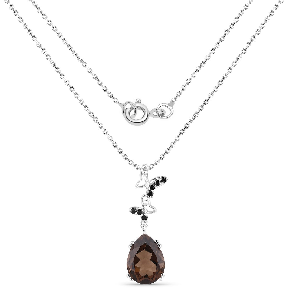 Plated Rhodium 6.80ct Smokey Quartz and Black Spinel Pendant with Chain: 7.08 Carat Genuine Smoky Quartz and Black Spinel.925 Sterling Silver Pendant. Smoky Quartz Pear/16x12mm - 1/6.80 ctw Prong Setting Natural Irradiated E + Black Spinel Round/2.00mm - 7/0.28 ctw Natural